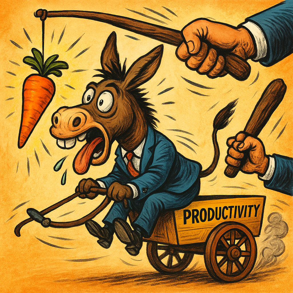 Caricaturesque image representing the carrot-and-stick metaphor